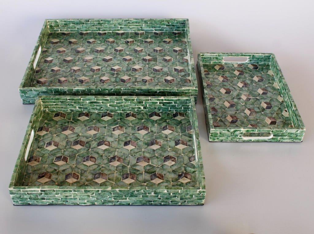 Set Of 3 Green Geometric Rectangular Capiz Trays